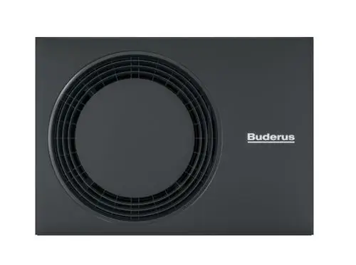 Außeneinheit von Buderus mit runder Lüfteröffnung auf grauem Gehäuse, zur Verwendung in Heizsystemen.